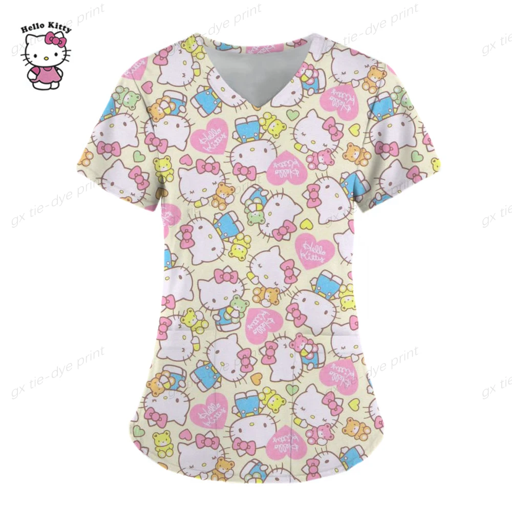 thumbnail image 1 of Camisetas de manga corta para mujer, uniforme de enfermera con estampado de Hello Kitty, cuello en V, bolsillo, para trabajadores de la salud, ropa de trabajo clínica, 1 of 5