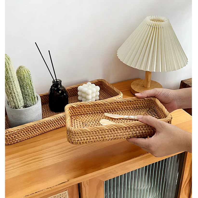 Handmade rattan desktop square coffee bread tray Nordic style light luxury storage basket for cosmetics and sundries 4
