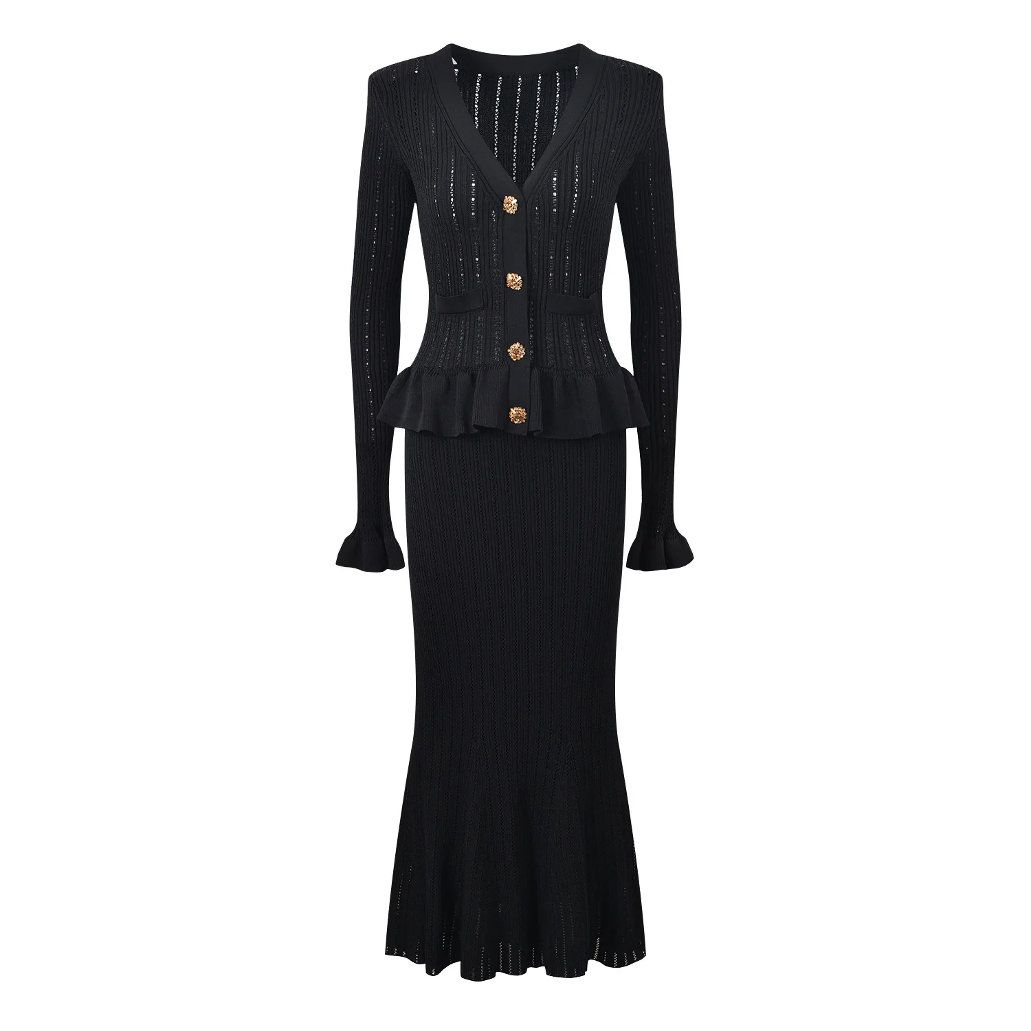thumbnail image 1 of ZJYT Elegante vestido de suéter de punto de una pieza con volantes y cuello en V para mujer Otoño 2024 Vestido de fiesta de noche con mangas acampanadas y trompeta, 1 of 5