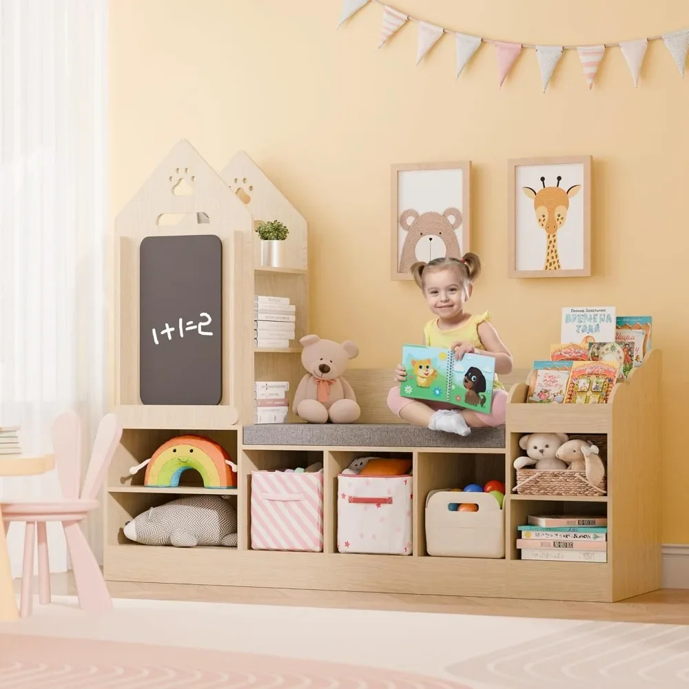 Kids Bookshelf with Reading Nook, Wooden Toy Storage Organizer with Chalkboard and Bench, Kids Reading Nook for Boys & Girls 6