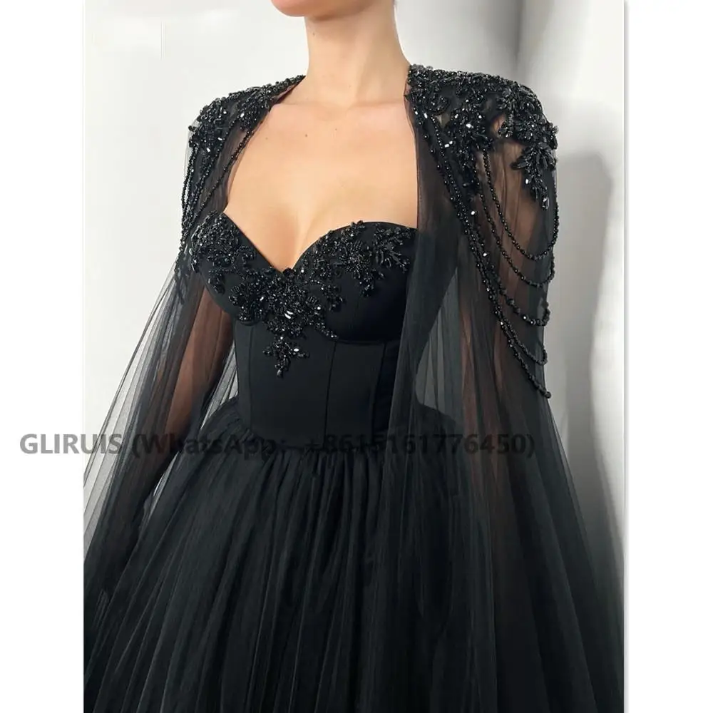 

Gothic Black Vestido De Novia Beading Cape sleeve Prom Gown Sexy A-line Prom Dress Lace Embroidery Sweetheart فستان سهرة