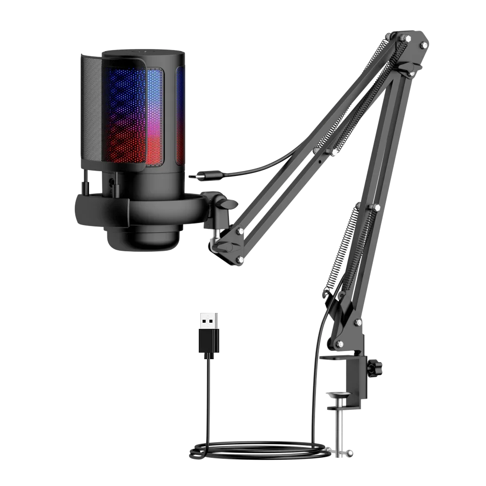 

Gaming RGB Recording Microphone With Adjustable Arm Stand USB Desktops Condenser Mic For Podcasting Streaming Youtube