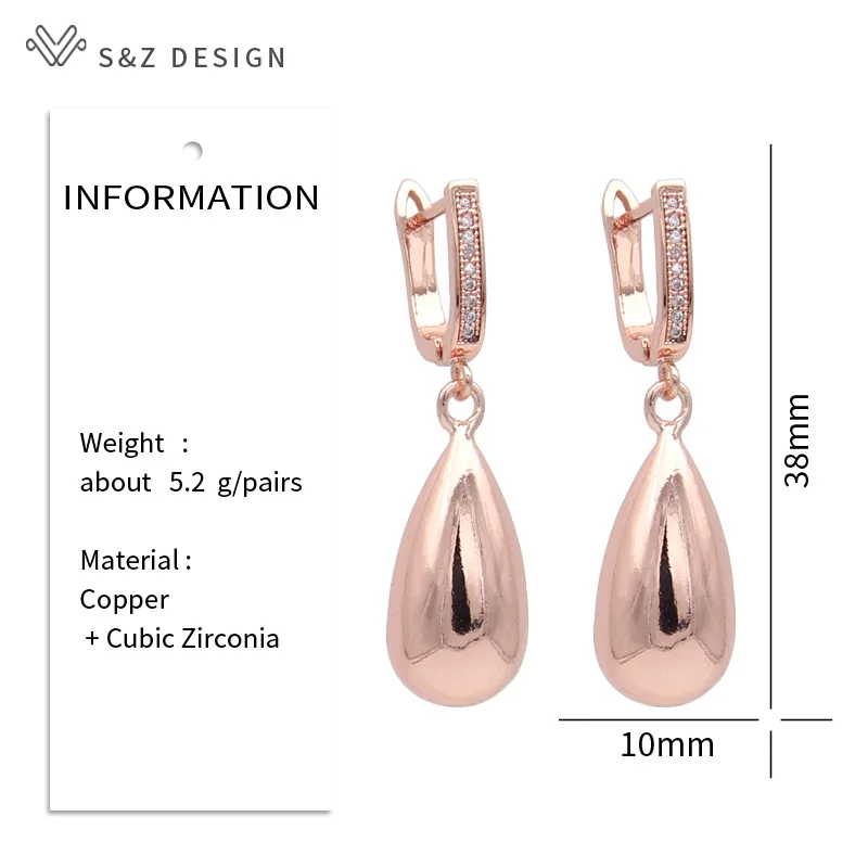 S&Z DESIGN New Fashion Smooth Water Drop Metal Dangle Earrings For Women Girl 585 Rose Gold Color Cubic Zirconia Jewelry Gift