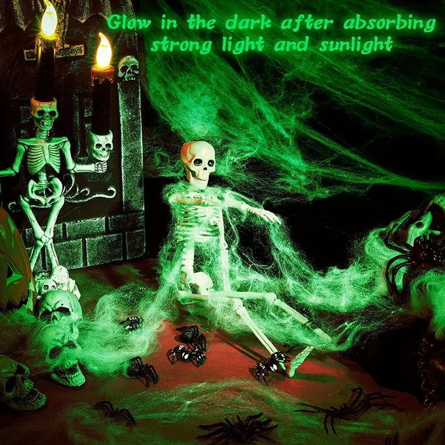 Glow-in-The-Dark Spider Webs and Fake Spiders – White Stretch Cobwebs for Spooky Halloween Indoor and Outdoor Horror Decoration Prop - Image 3