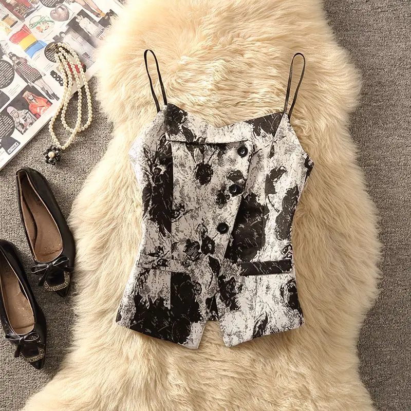 Printed women's 2024 summer clothing new slim fitting vest pleats  women vest  jackets for women 2024
