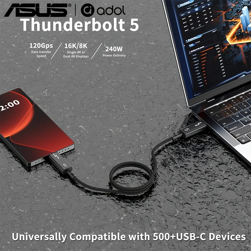 ASUS Thunderbolt 5 케이블 120Gbps PD 240W 데이터 케이블 MacBook, iPad, iPhone 및 안드로이드용 고속 충전 8K60Hz Type-C 케이블