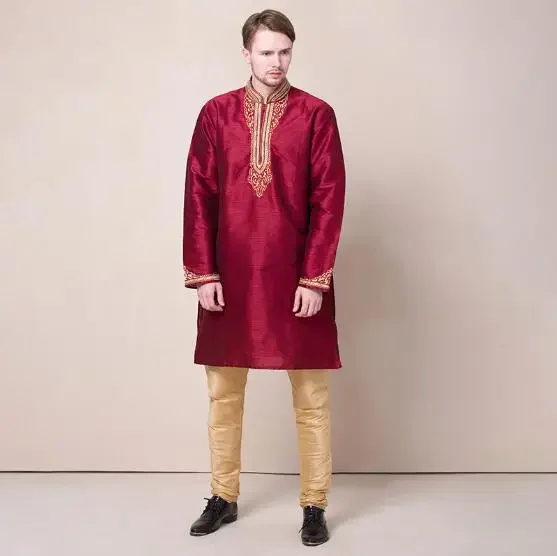 

Indian Clothing Embroidery Ethnic Wedding Men's Clothing Red Suit Include Pants Spring Kurta Vintage