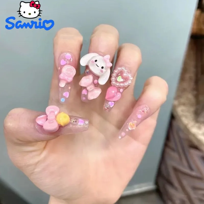 

Sanrio Press-on Nails Hello Kitty Kuromi Cinnamoroll Pompom Purin Hand-painted Cute Anime Cartoon Bow Kawaii Y2k Nail Patch