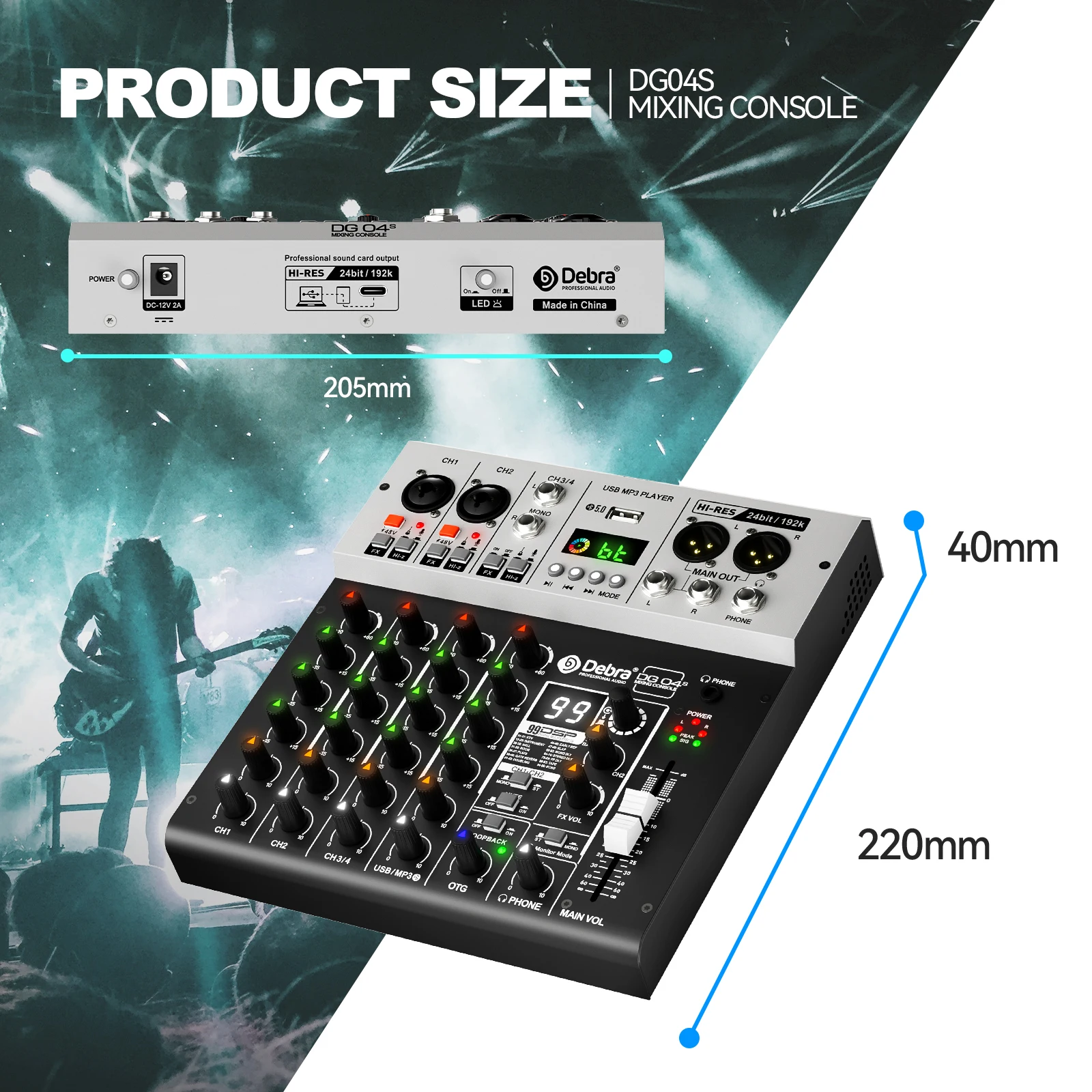 Debra DG04S Professional 4-channel Mixer Sound Card OTG Recording Output USB,Blu