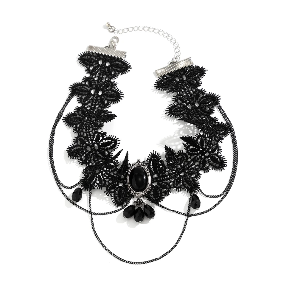 JUSTUSNX - Collana con pendente in cristallo e catena in pizzo nero, in velluto, stile vintage, con gemma vuota a forma di fiore, choker gotico, accessorio per Halloween, per donne e ragazze