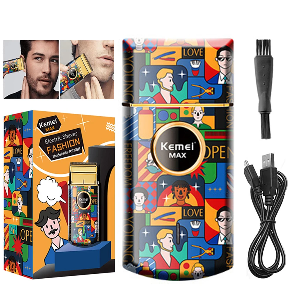 Kemei barbeador elétrico dos homens aparador de barba profissional mini barbeador elétrico cortador de barba graffiti carregamento usb RS-7098
