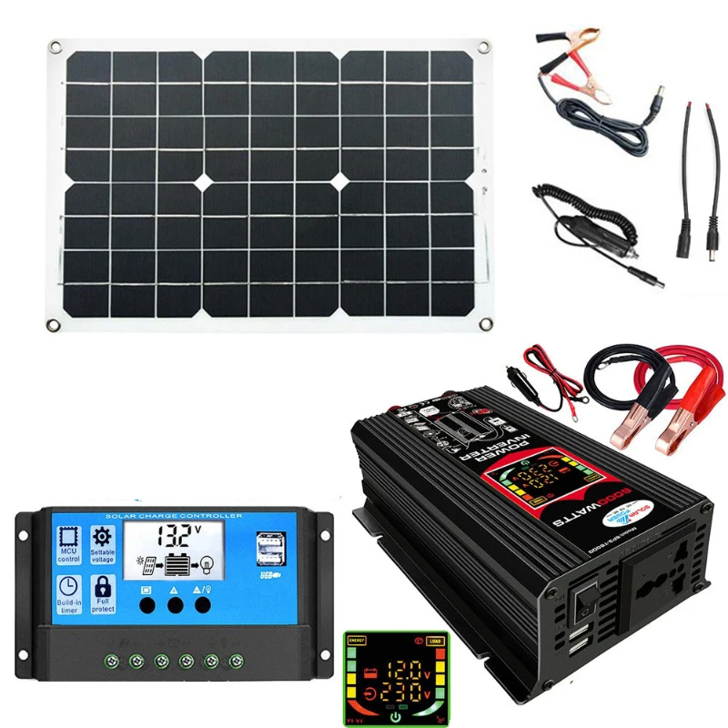 Solar Inverter 12V To 110V/220V 4000/6000W Solar Power System Set Solar Panel Controll Smart LCD Display Inverter Dual USB for Car Phones