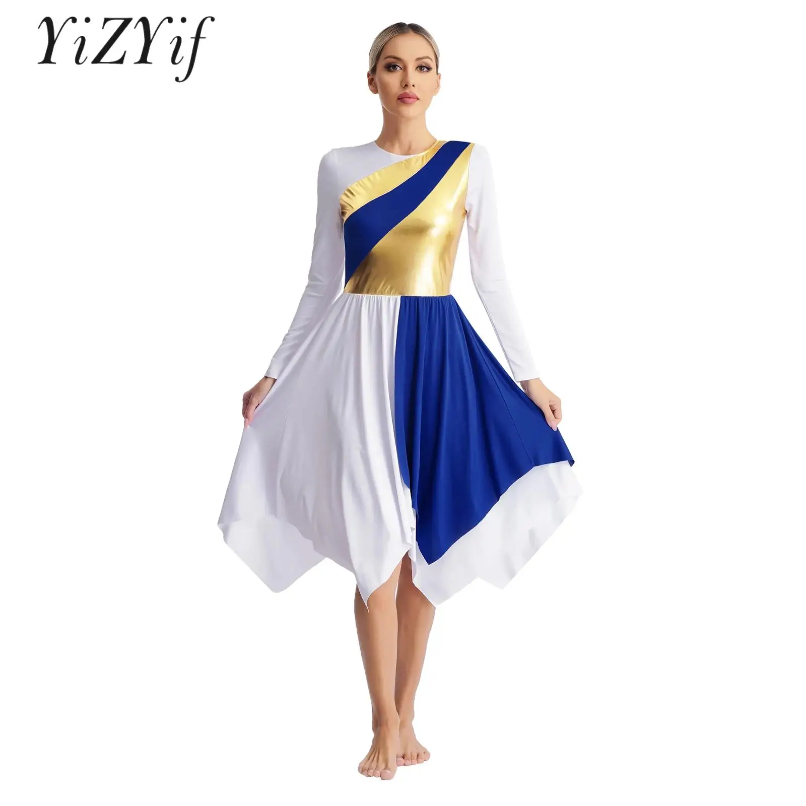 

Women Liturgical Worship Performance Dancewear Lyrical Dance Dress Long Sleeve Metallic Contrast Color Modern Contemporary Dress