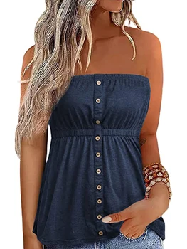 Women Fashion Tube Tops Solid Color Buttons Strapless Boat-Neck Wrap Chest Tank Tops Summer Bandeau Tops 1