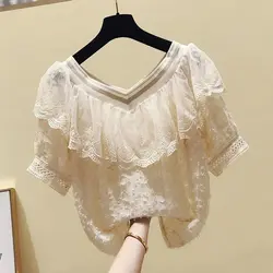 Elegant V-Neck Ruffles Lace Hollow Out Blouse Women's Clothing 2023 Summer New Oversized Casual Pullovers Office Lady Shirt