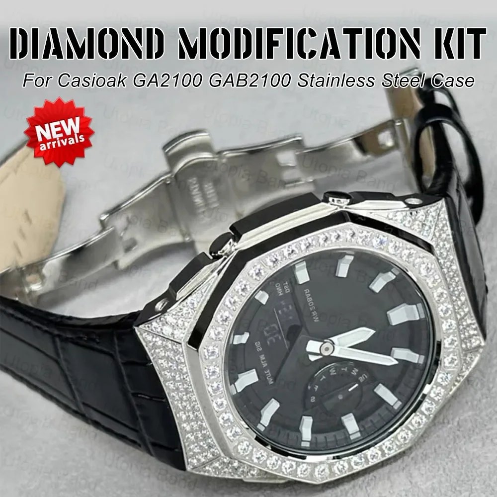 

Diamond Leather Strap Luxury Modification Kit for Casioak GA-2100/2110 With Screw Bezel for GA2100 2110 GAB2100 Watch Metal Case