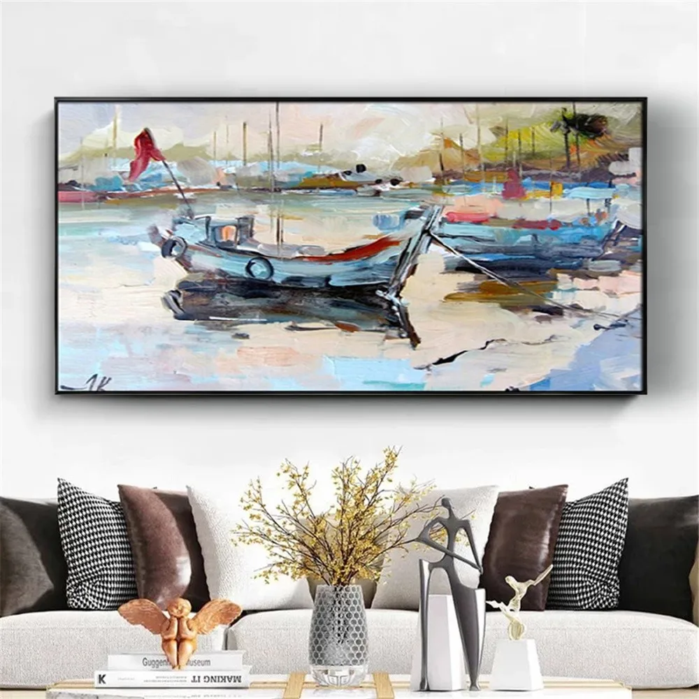 

Vintage Home Wall Decor Art Picture Beach Boat Scenery Oil Painting Handmade Canvas Poster For Living Room Sofa Background Mural