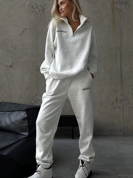 FSMG Casual Cotton Tracksuit with Zipper Women's Oversize Long Sleeve Lapel Sweatshirt Elastic Waist Pant 2 Piece Set Sports Set 1