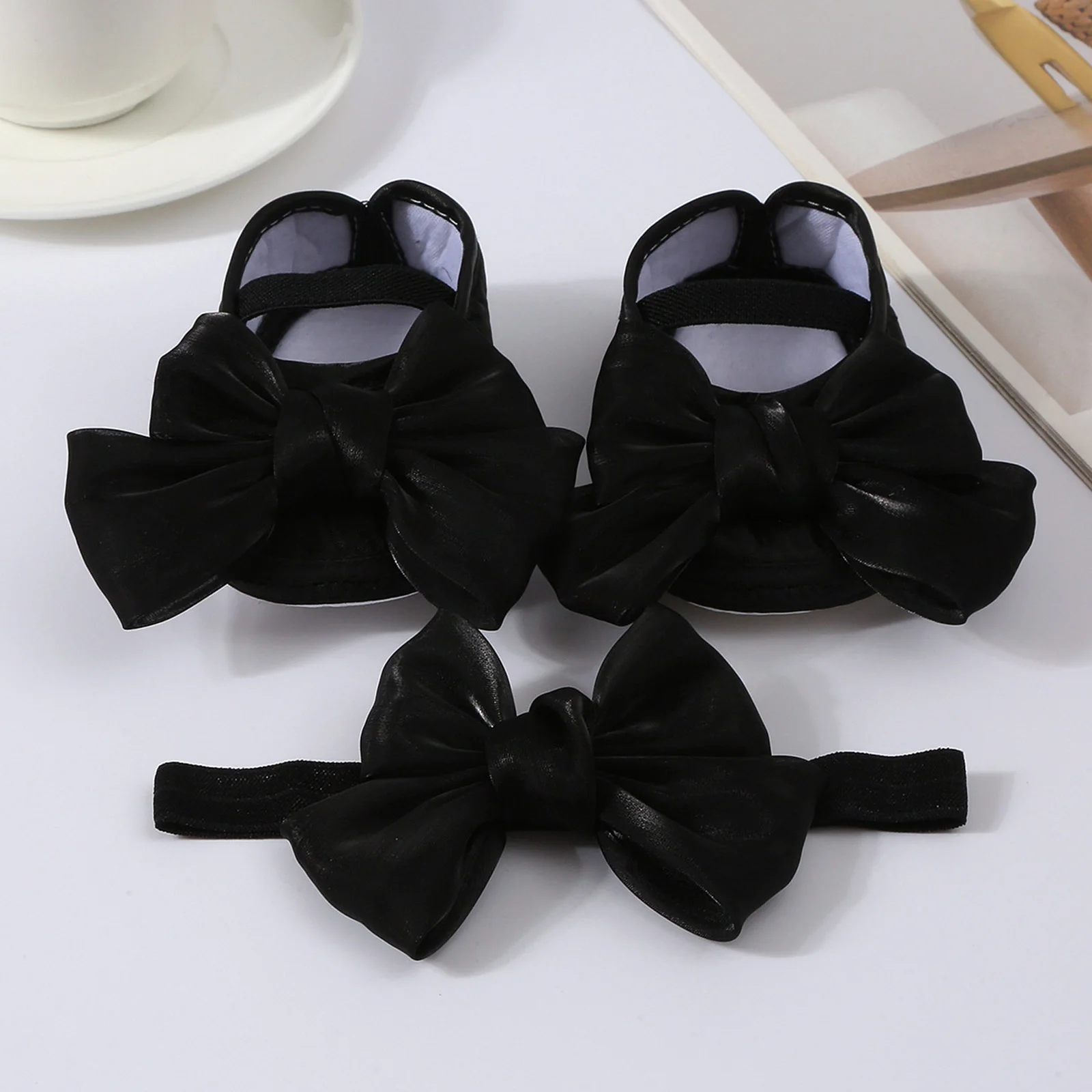 Lovely Baby Girls Shiny Baptism Shoes Headband Newborn Cute Bowknot Mary Jane Flats Set Children First Walker Flat 0-12 Months 5