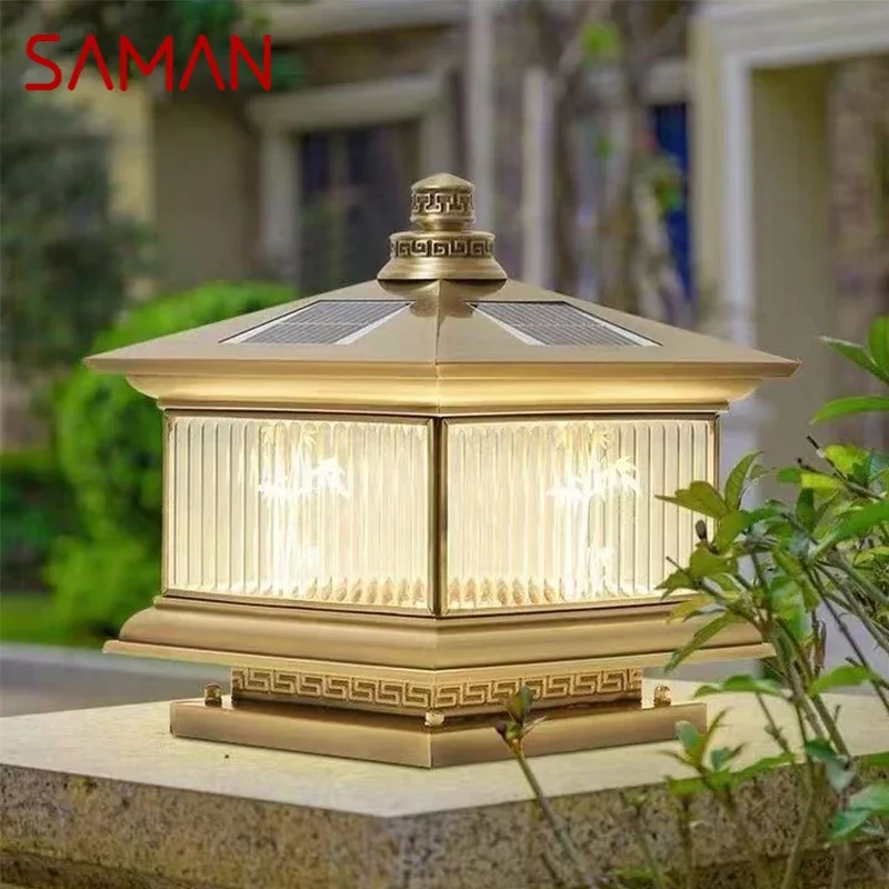 SAMAN Outdoor Solar Post Lamp Vintage Creative Chinese Brass  Pillar Light LED Waterproof IP65 for Home Villa Courtyard