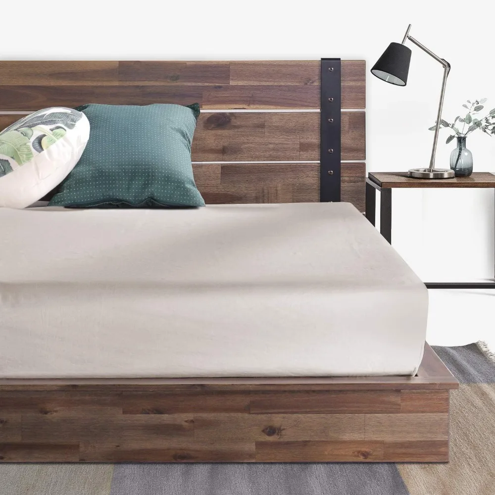 

Рамка для кровати Brock с металлической и деревянной платформой, основание для матраса из массива дерева акации, без пружины коробки, легкая сборка, King