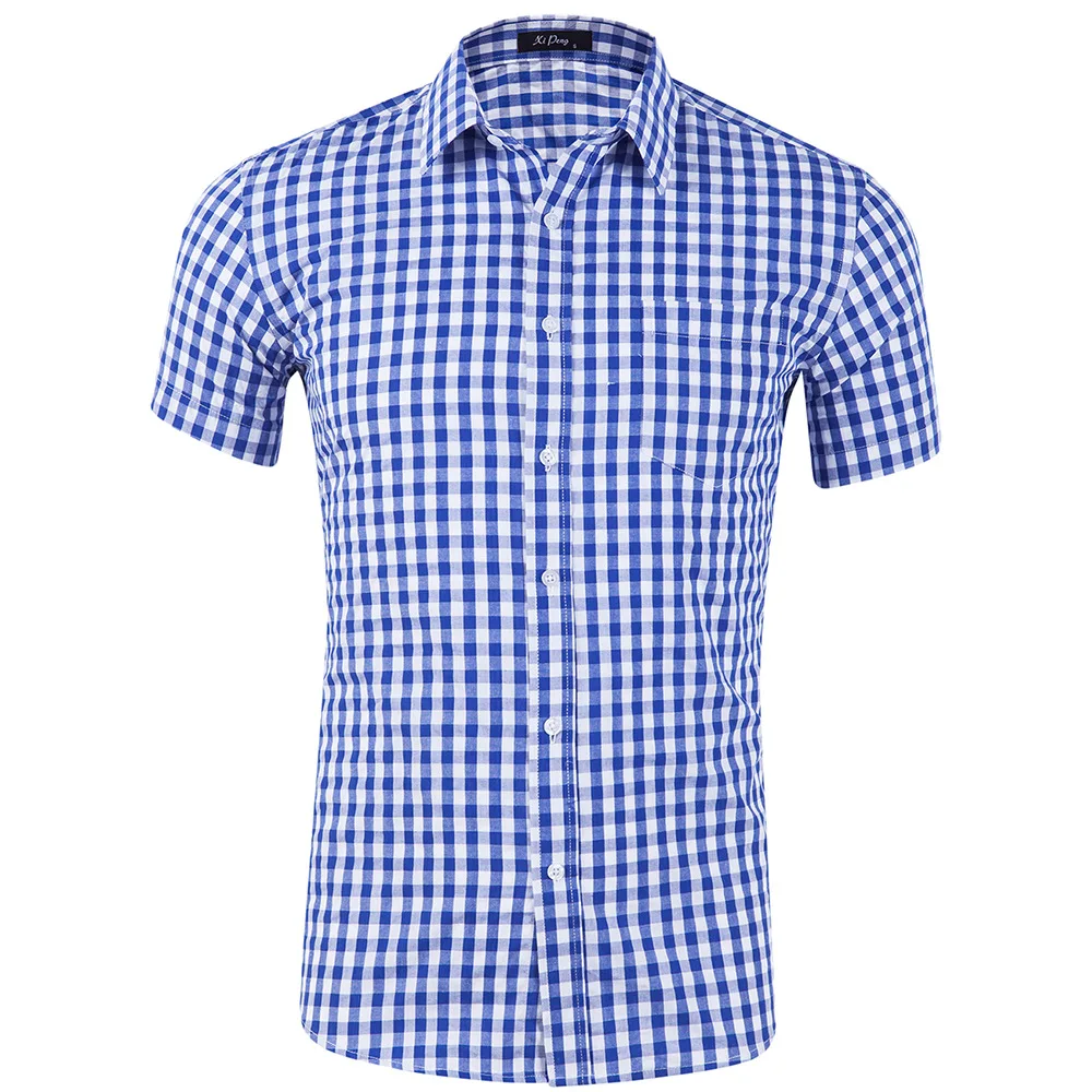 Parklees Mens Classic Plaid Gingham Shirts Standard-Fit Short Sleeve Button Down Cotton Shirts Male Business Office Check Shirts