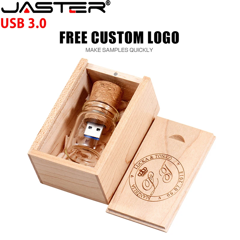 

JASTER Free Custom Logo USB 3.0 Flash Drive 128GB Wooden Drift Bottle Pen Drive with Box 64GB Creative Gift Memory Stick 32GB