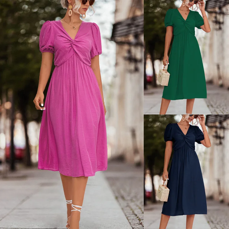 

Summer Ladies Long Dress Ruffle Short Sleeve Knotted Elegant Daily Wear Dress Lantern Sleeves V-Neck A-line Dresses for Women