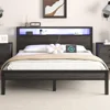 Bed Frame with Storage Headboard, Industrial Platform Bed with Charging Station and LED Lights, Heavy Duty Metal Slats 1