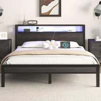 Bed Frame with Storage Headboard, Industrial Platform Bed with Charging Station and LED Lights, Heavy Duty Metal Slats 1