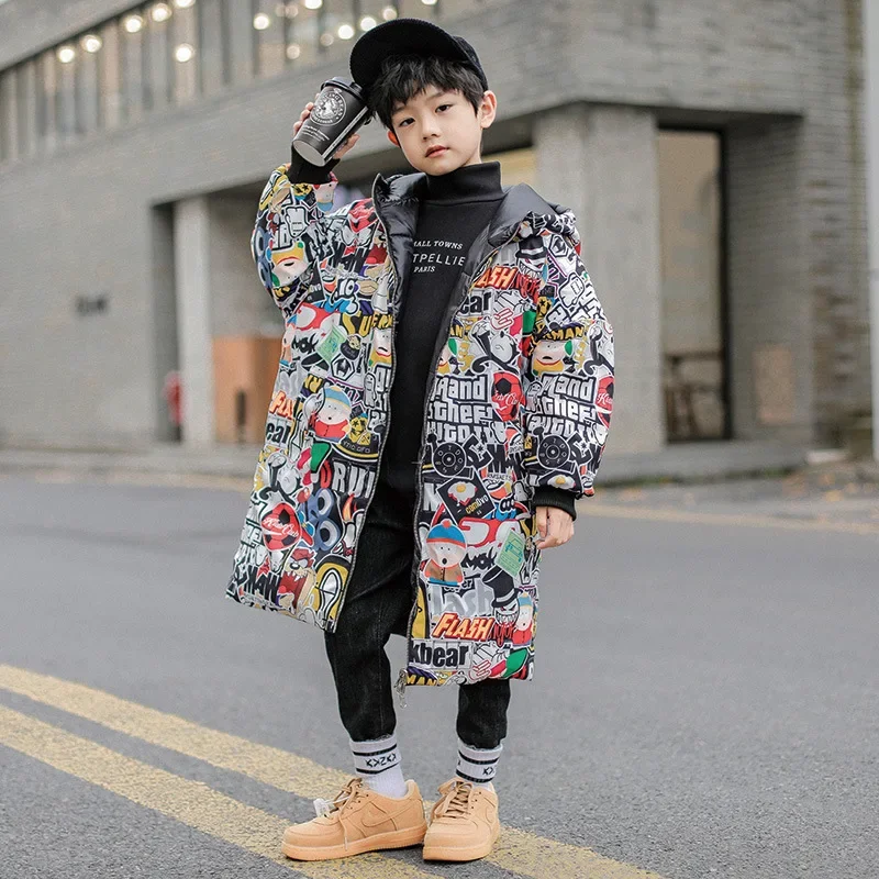 

2024 Winter Children's Fashion Long Coat Boys Double-sided Down Coats Children's Warm Thicken Parker Hooded Jacket 8 10 12 14 Y