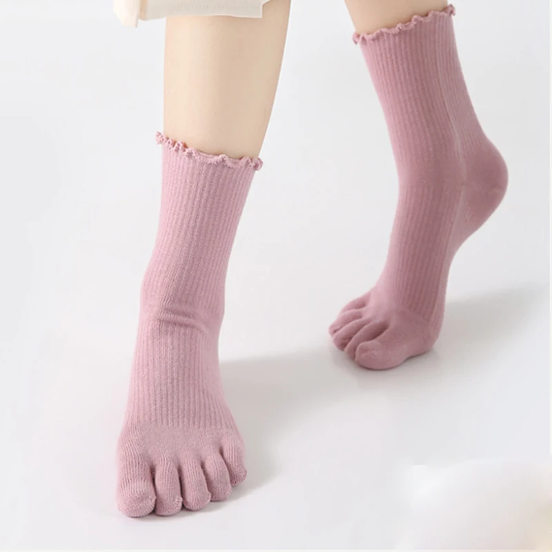 5 Pairs High Quality Cotton Solid Ruffle Socks with Toes Women Ladies Korean Style Fashion Frilly Anti-Friction Five Finger Sock