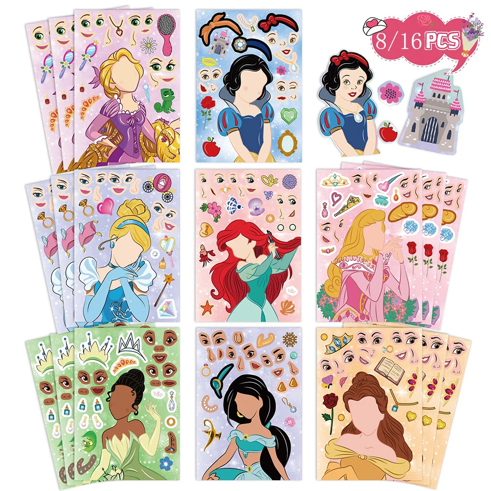 8/16Sheets Disney Princess Children Puzzle Stickers Games Make a Face Funny DIY Assemble Jigsaw Craft Sticker Kids Education Toy 12pcs pack purple fairy tale princess world sticker diy craft scrapbooking album junk journal decorative stickers