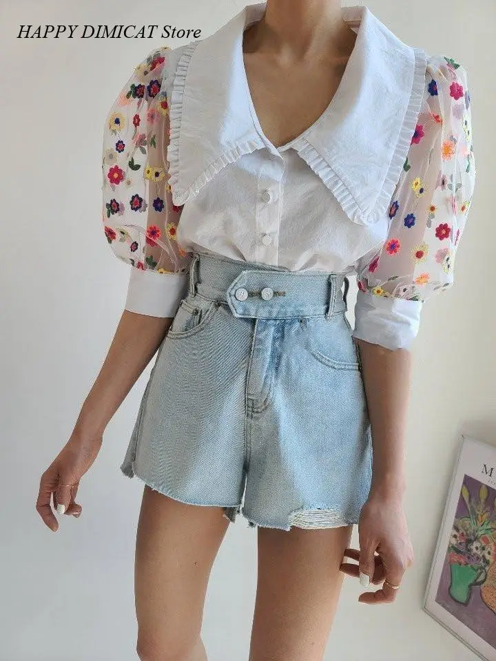 Female Jeans Shorts Streetwear Fashion Chic Ripped Edges Denim Shorts Women Double Button Light Blue Denim Shorts Summer