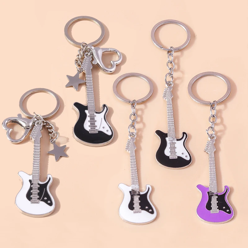 Aihua Y2k Liebesherz-Gitarren-Schlüsselanhänger für Frauen und Männer, cooler Pentagramm-Stern-Gitarrenanhänger, modische Rock-Punk-Accessoires, Geschenke – Detail 1