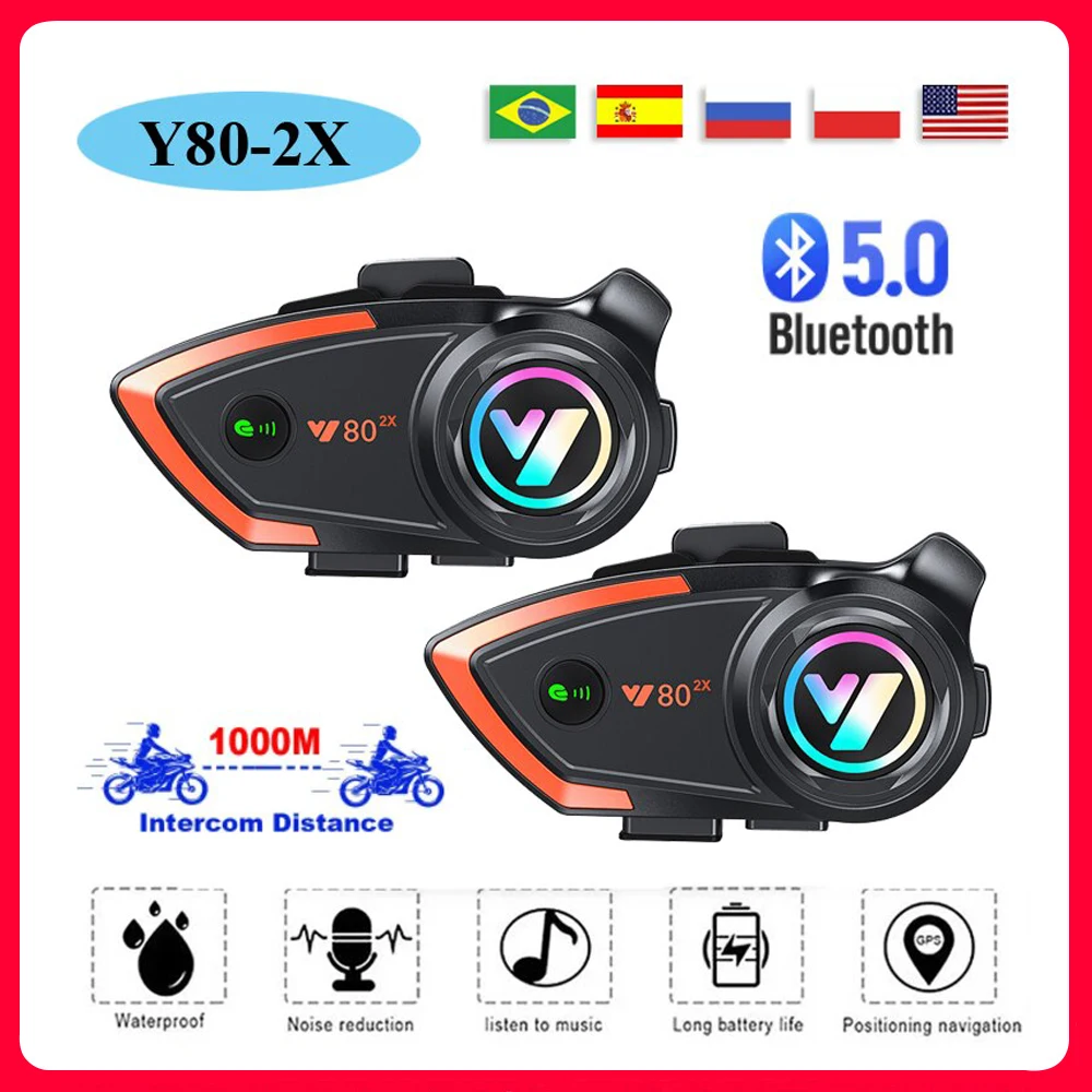 

Y80 Motorcycle Helmet Intercom Bluetooth Headset Double 1000m Intercom Hands-free Noise Reduction Waterproof Bluetooth Headset