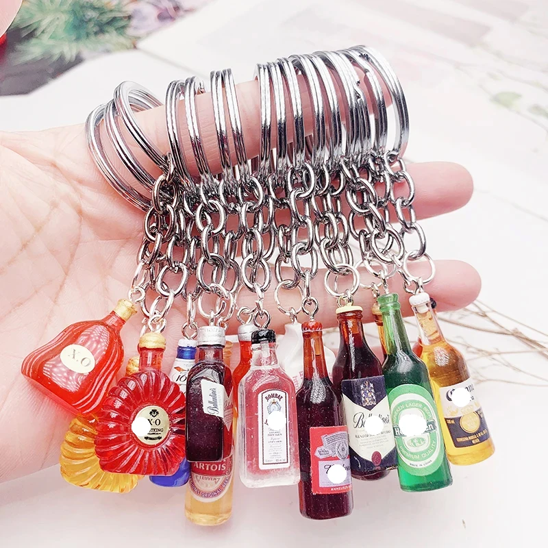 Cute Resin Beer Wine Bottle Keychain Assorted Color for Women Men Car Bag Cocktail Beer Keyring Pendant Accessions Wedding Party