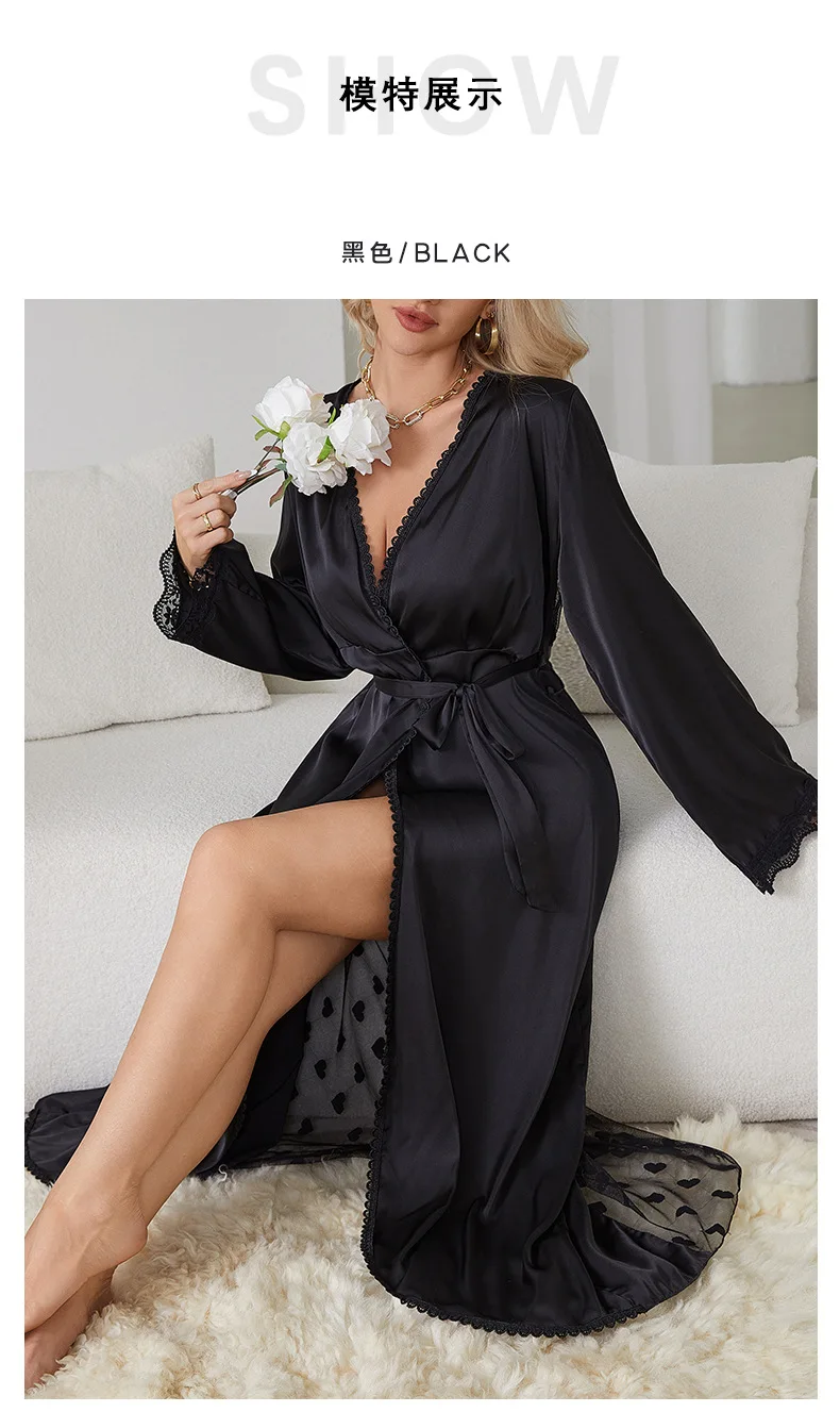 Vestidos De Novia Neue Seide Satin Spitze Robe frauen Nachtwäsche Lose Frühling Herbst Sommer Bademantel Weibliche Homewear Dressing Kleider – Detail 7