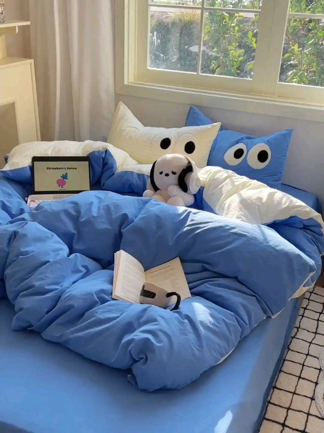 Ins preto grande olho cor sólida conjunto de cama meninas meninos folha  plana azul capa edredão fronha algodão lavado roupa casa têxtil - AliExpress, image size:1080x1440