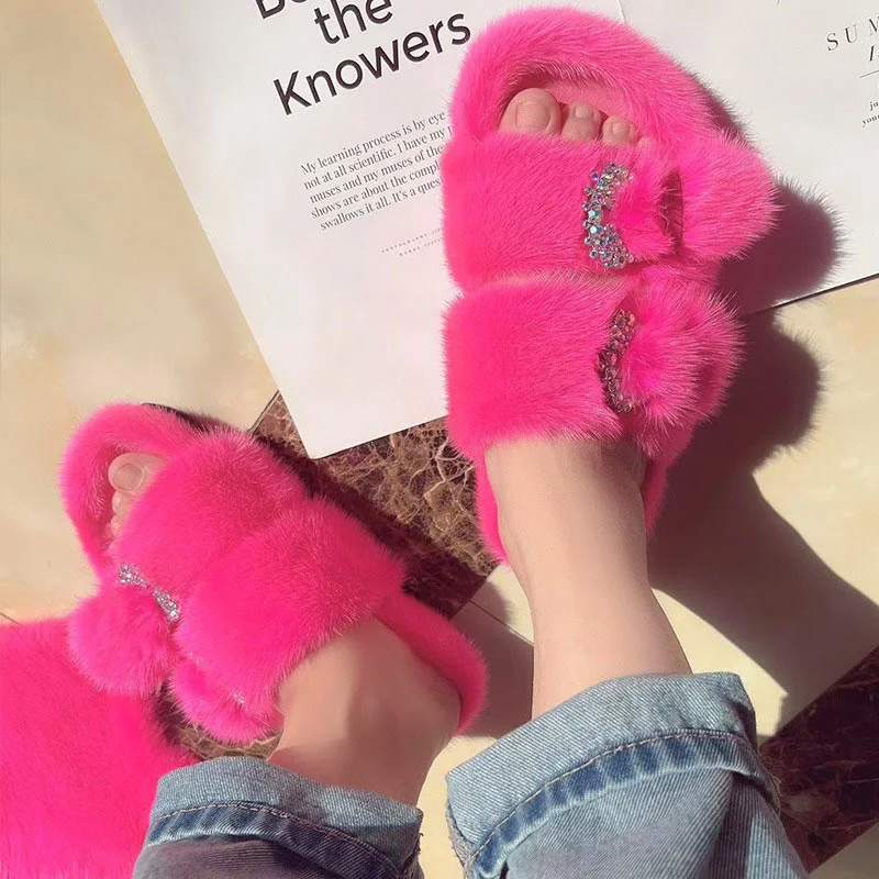 

New Women's Solid Color Home Slippers Luxury 100% Mink Hair Fine Rhinestone Decorated Fashion Fur Slippers 2023