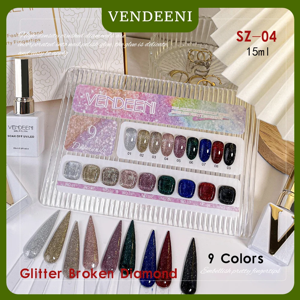 

Vendeeni 9 Colors/set Gold Silver Red And Black Glitter Broken Diamond Gel Nail Polish Soak Off Colorful UV LED Gel Varnish