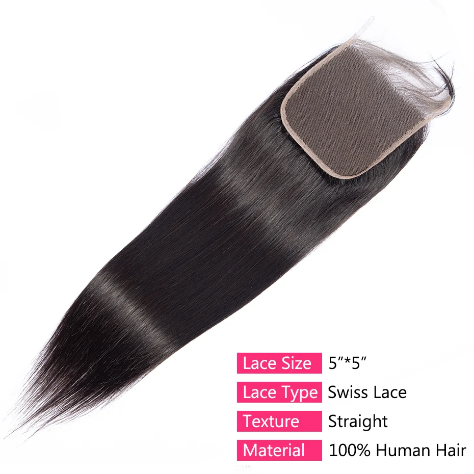 Gabrielle 5x5 6x6 Lace Closure Brazilian Straight Human Hair Closures Only Pre Plucked with Baby Hair Natural Color Remy Hair 6