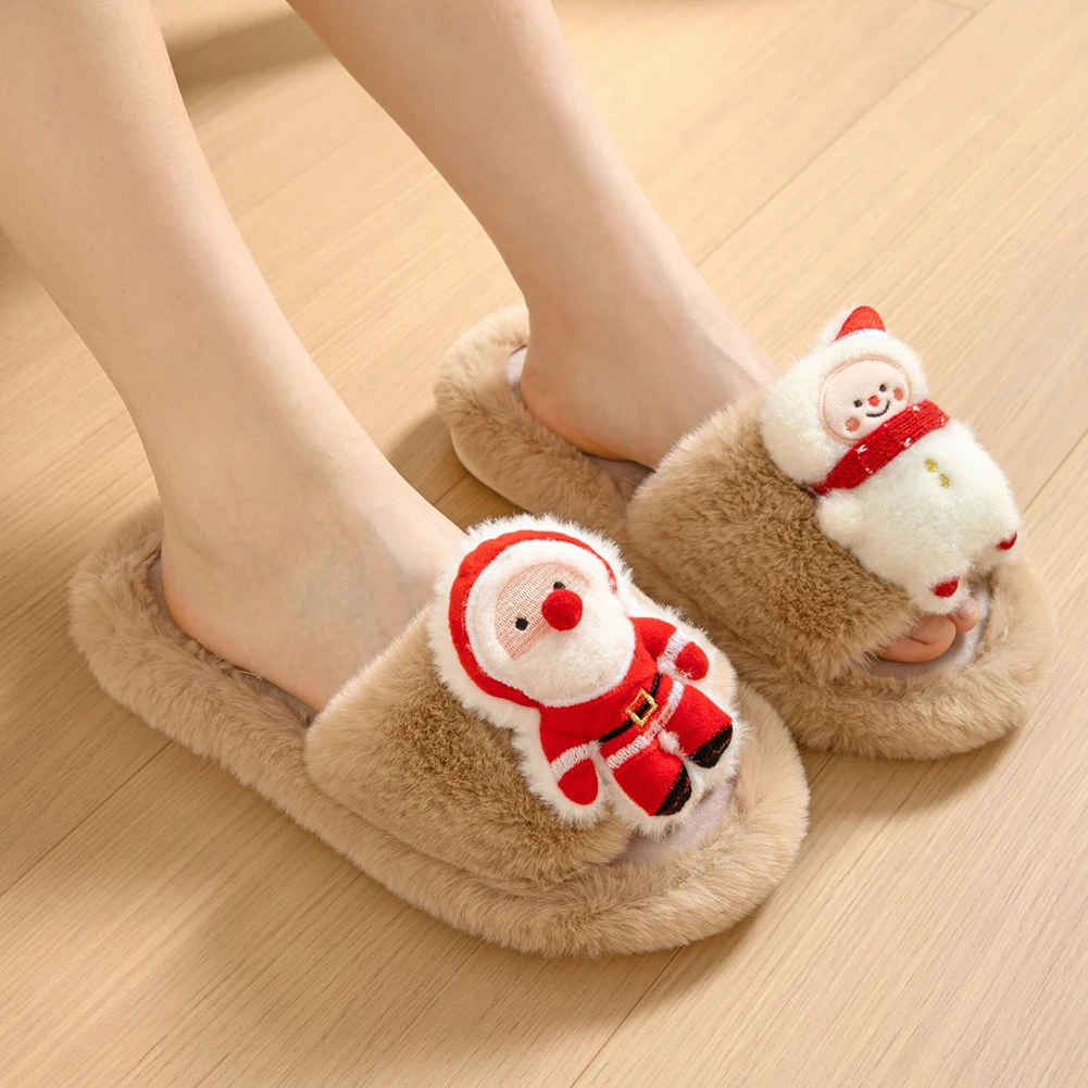 Christmas Printed Slippers Casual Soft Warm House Slippers Cozy Fluffy Thickened Scuff Bedroom Shoes