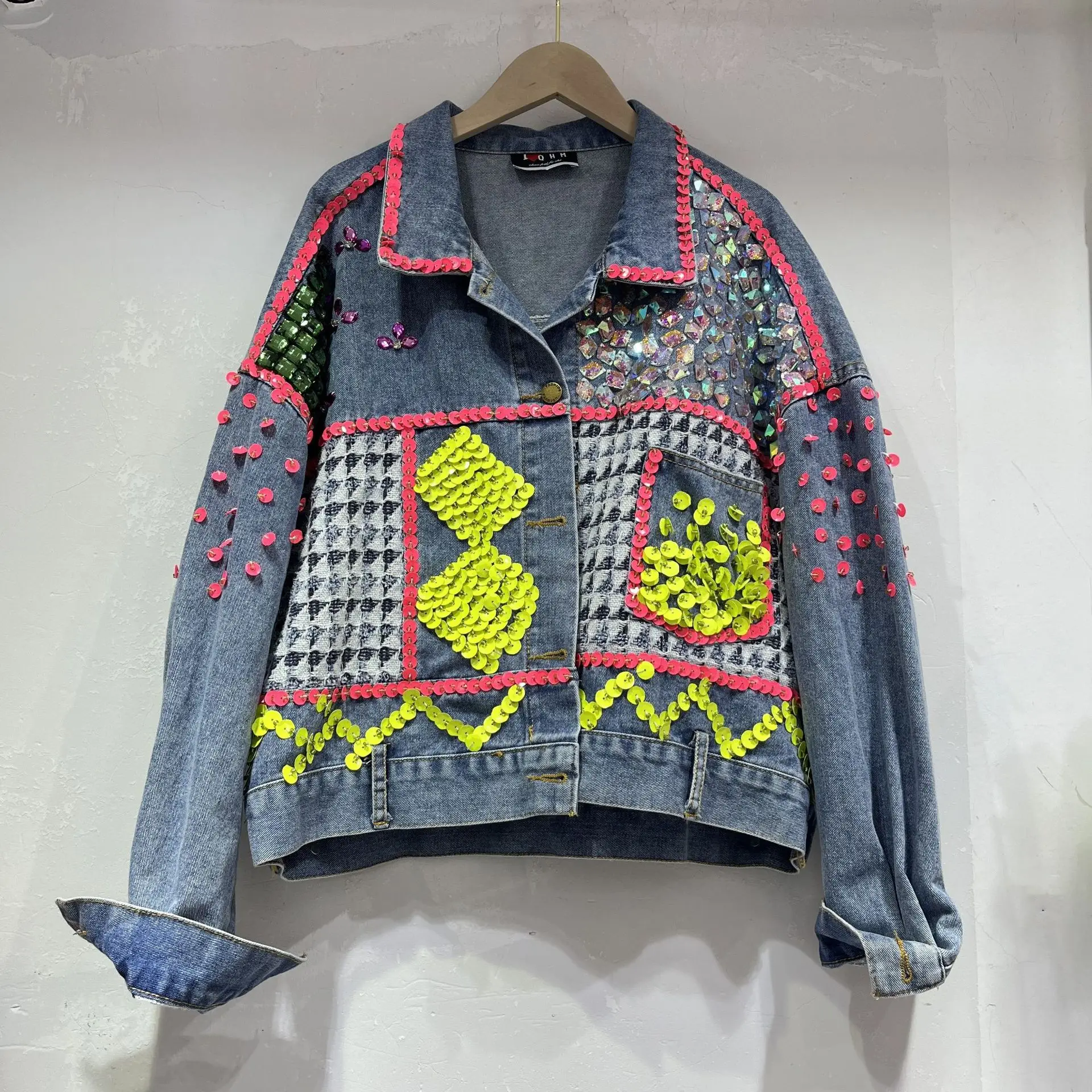 

Autumn Spring Diamonds Beaded Denim Bomber Jacket Sequined Rivet Streetwear Rhinestones Jeans Coat Gemstone Cowboy Cardigan Tops