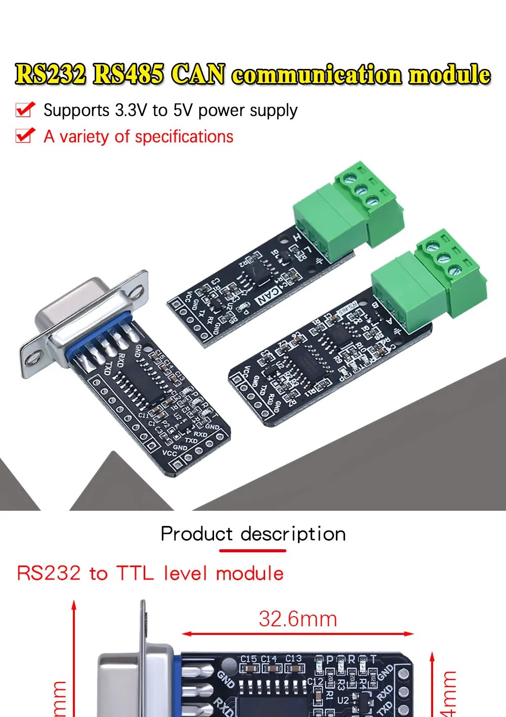 5Pcs/1pc RS232 RS485 KÖNNEN Ebene zu TTL Weibliche Serial Port Konverter Modul Industrie Grade Kommunikation Pinsel bord DB-9 Stecker – Detail 2