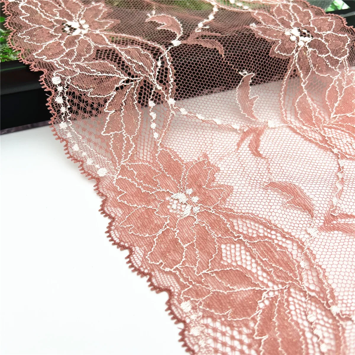 3y/lot W16.5cm 2-Tone Pink White With Shiny Elastic Stretch Lace Trims 3