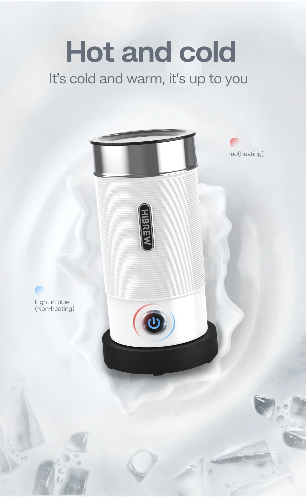 HiBREW Electric Milk Frother Frothing Foamer Chocolate Mixer Cold/Hot Latte Cappuccino Fully Automatic Milk Warmer Cool M1A