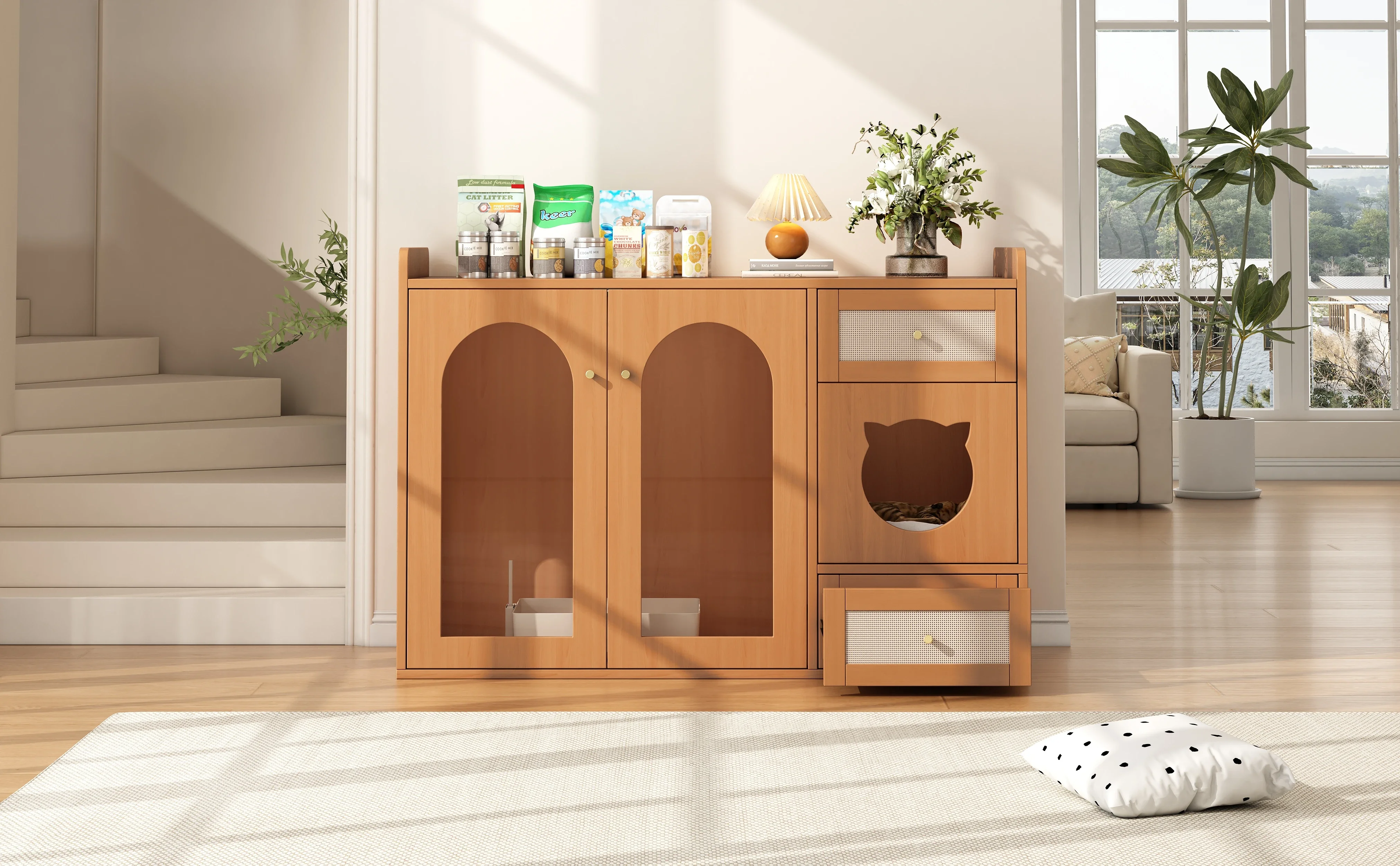 Mehrzweck-Katzenhaus- und Katzenkleiderschrank – Schrank mit Futterschalen, Katzenruhe, Aufbewahrungsbereich (ohne Katzenstoff und Katzenkissen) – Detail 1