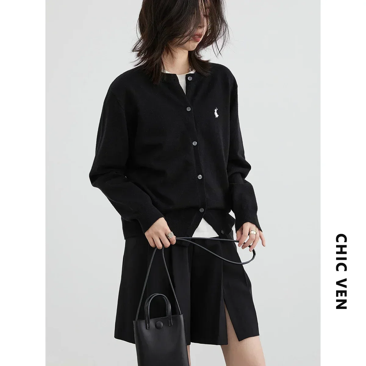 CHIC VEN 여성 티셔츠 새로운 멀티 컬러 옵션 간단한 솔리드 토끼 자수 니트 카디건 스웨터 가을 봄 2025