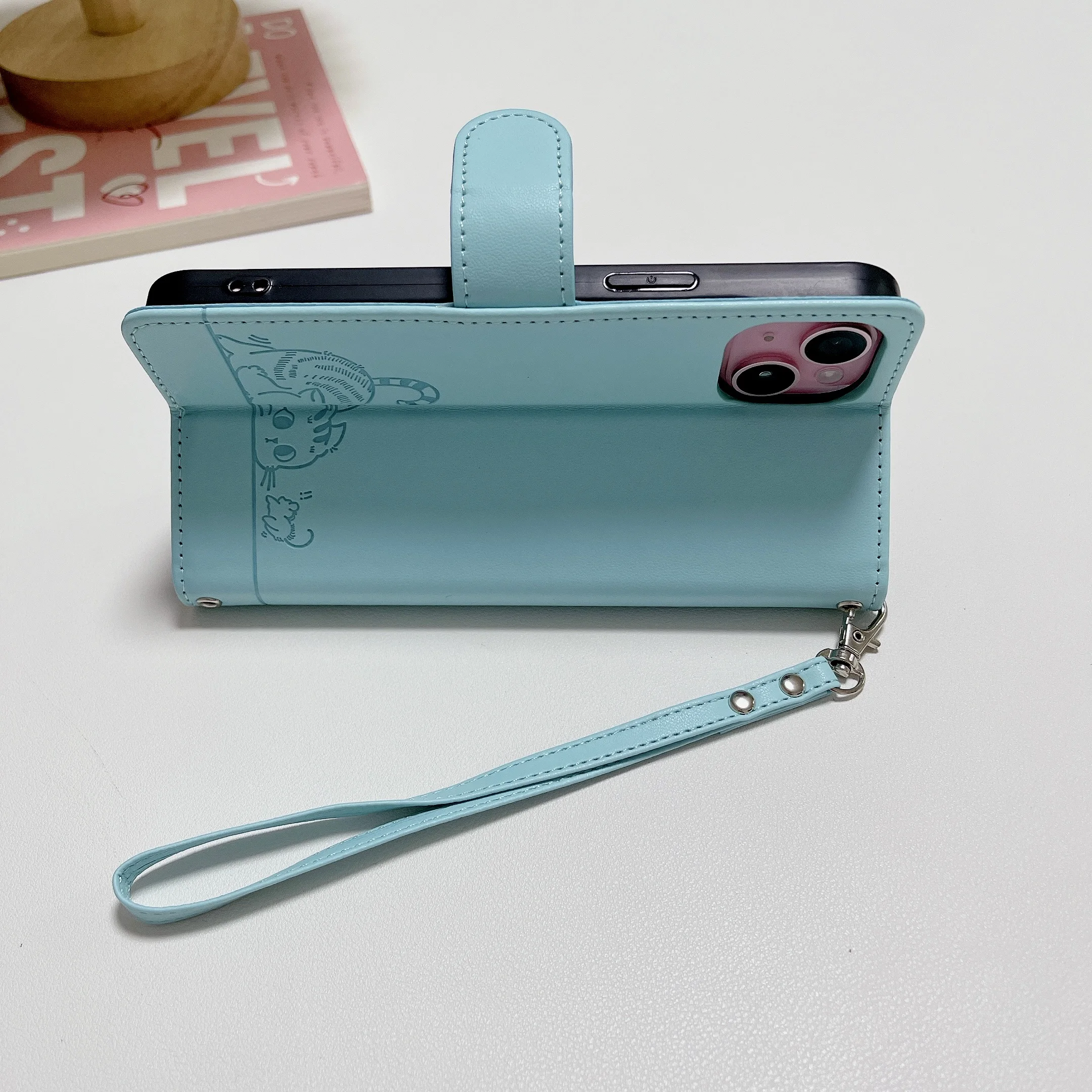 Charming Cartoon Cat Leather Wallet Phone Case with Flip Cover and Strap – Premium Protection and Style